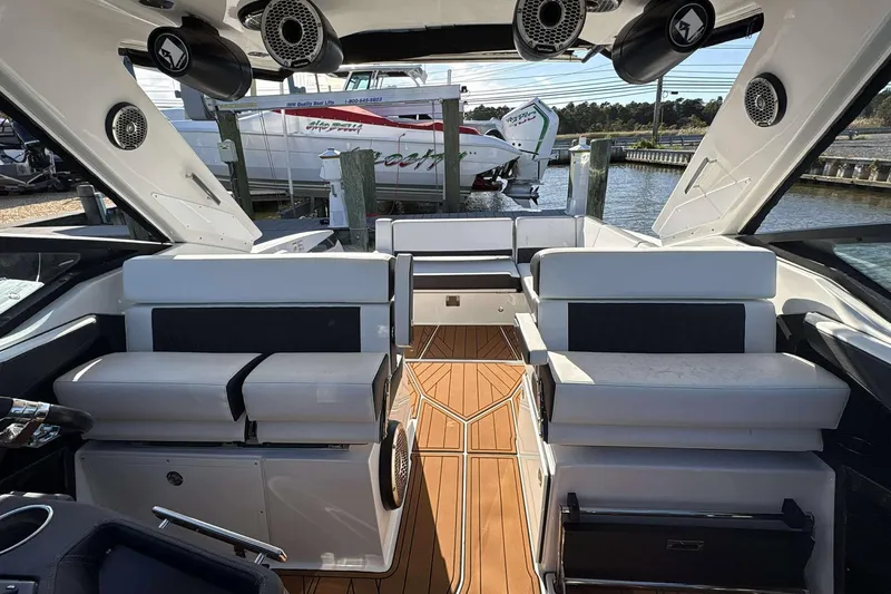 Slide: The Image of 2020 Monterey 378SS Super Sport boat interior with luxurious seating and modern design. - 9