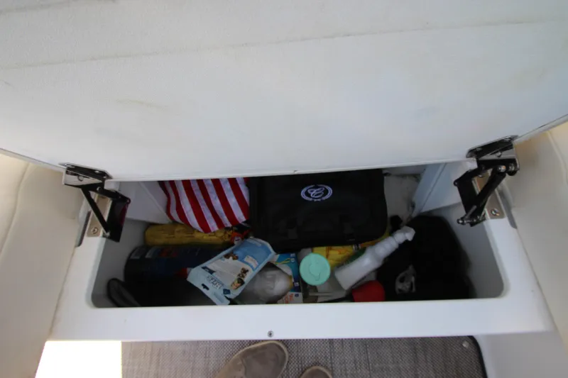 Slide: The Image of Storage compartment in a 2016 Cobalt R30 boat, containing various boating essentials. - 42