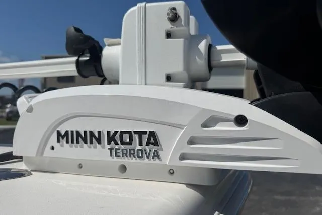 Slide: The Image of Minn Kota Terrova motor on 2024 Sea Pro 210 Bay boat, close-up view. - 8