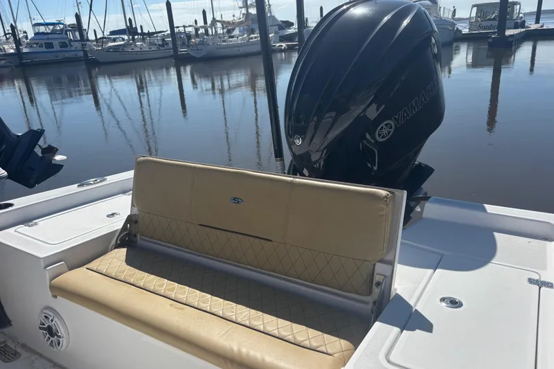 Slide: The Image of 2021 Sportsman Masters 247 Bay Boat with Yamaha engine at marina. - 8