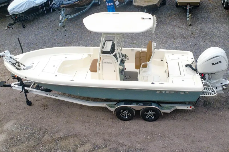 Slide: The Image of 2025 Skeeter SX2350 boat with Yamaha engine on a trailer, top view. - 25