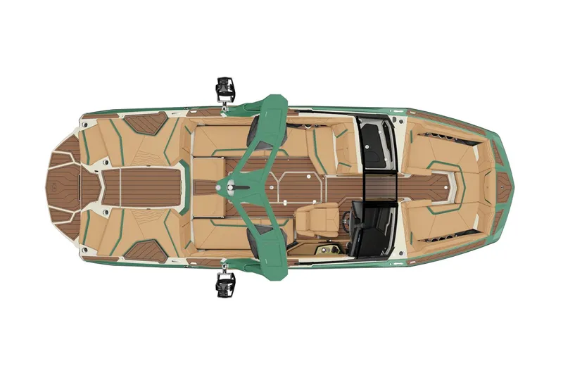 Slide: The Image of Manufacturer Provided Image: 2025 Nautique Super Air Nautique G23, top view, green and tan design, luxury wakeboard boat. - 35