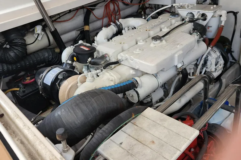 Slide: The Image of Engine compartment of a 2007 Tiara Yachts 3600 Open, showcasing detailed mechanical components. - 48