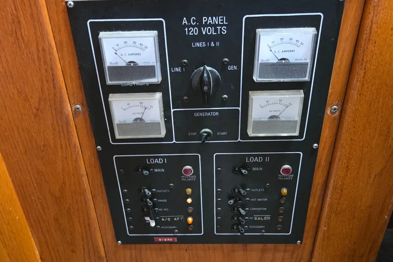 Slide: The Image of A.C. panel on 1988 Mainship 36 Double Cabin, showing voltage and amperage meters. - 43