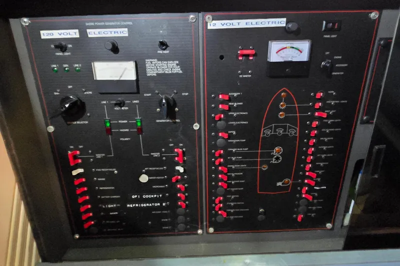 Slide: The Image of Cozy cabin interior of 1988 Bayliner 3450 Avanti with bed and ambient lighting. - 20