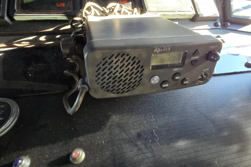 Slide: The Image of 1988 Bayliner 3450 Avanti dashboard with Sony stereo and steering wheel. - 38