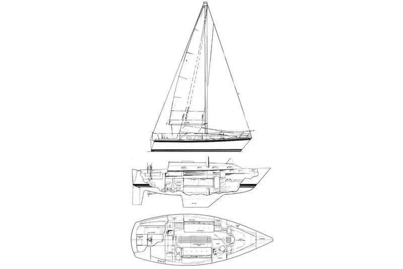 Slide: The Image of Blueprint of 1986 Pearson 303 Sloop sailboat, showing side, interior, and top views. - 33