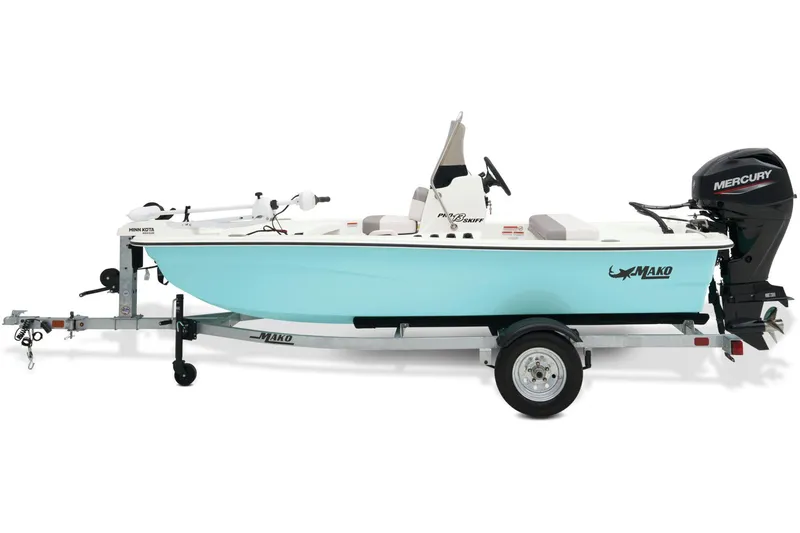 Slide: The Image of 2026 Mako Pro Skiff 13 CC with Mercury 40 outboard motor, parked outdoors. - 3