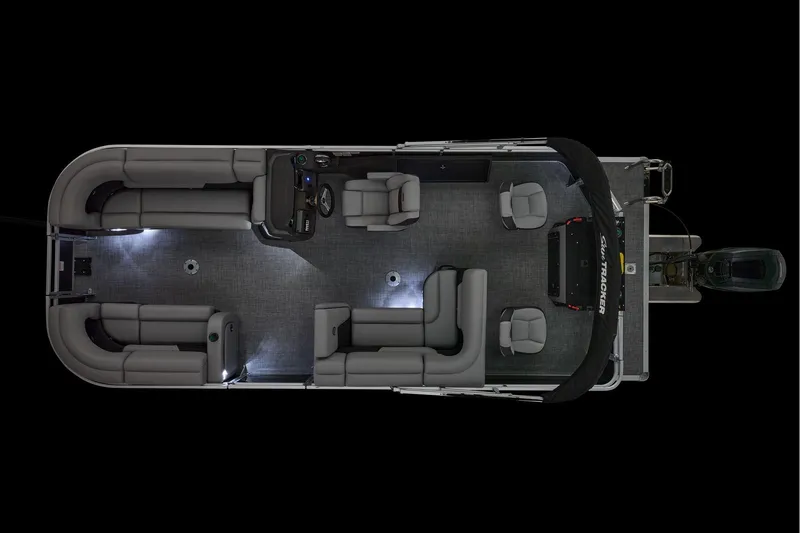 Slide: The Image of 2026 Sun Tracker SportFish 22 DLX pontoon boat with gray seating and wet deck. - 13