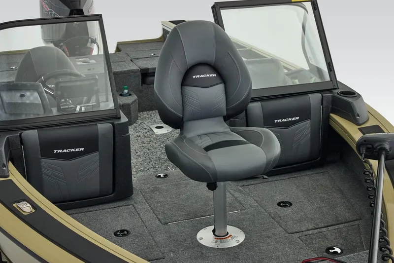 Slide: The Image of 2026 Tracker Targa V-19 Combo boat interior layout, featuring seating and storage compartments. - 12