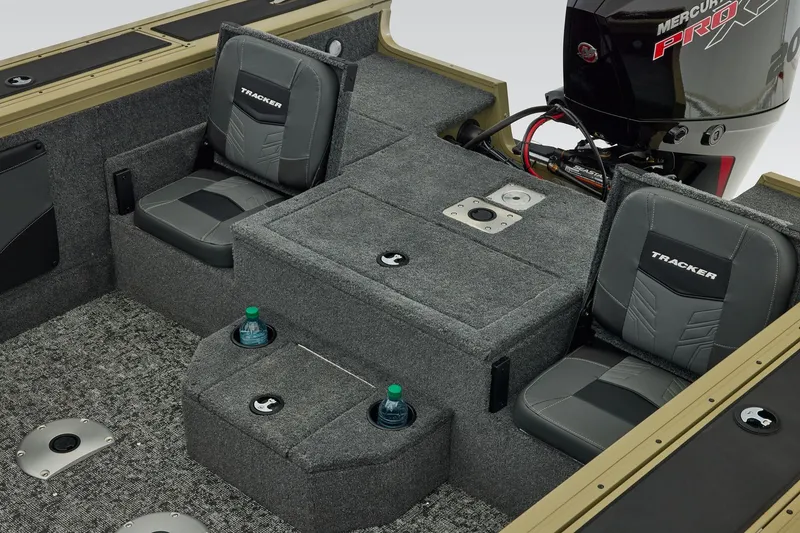 Slide: The Image of 2026 Tracker Targa V-19 Combo boat interior with organized storage compartments. - 40