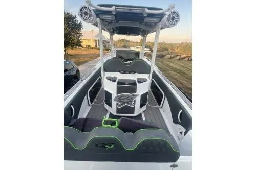 Slide: The Image of 2023 Glasstream 328 SCX boat interior with modern seating and sound system. - 15