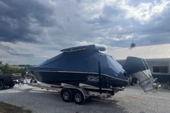 Slide: The Image of 2023 Glasstream 328 SCX boat on trailer, covered, under cloudy sky. - 5