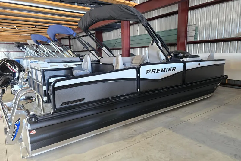 Slide: The Image of 2026 Premier 230 Sunsation Angler 4pt pontoon boat in showroom, side view. - 9