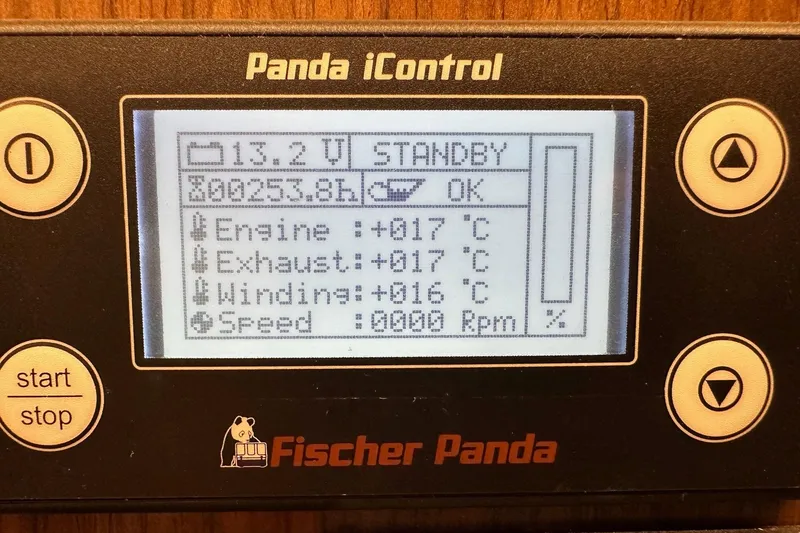 Slide: The Image of Fischer Panda iControl display showing engine status on Bavaria C50, 2020 model. - 82