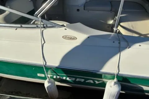 Slide: The Image of 2001 Stingray 240 LS boat with green and white exterior, docked with fenders. - 5