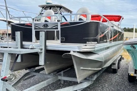 Slide: The Image of 2021 Apex Marine 822 Angler Quest Family Fish pontoon boat on trailer. - 2