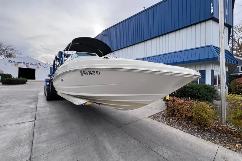 Slide: The Image of 2010 Sea Ray 220 Sundeck boat on trailer at Rockvam Boat Yards. - 5