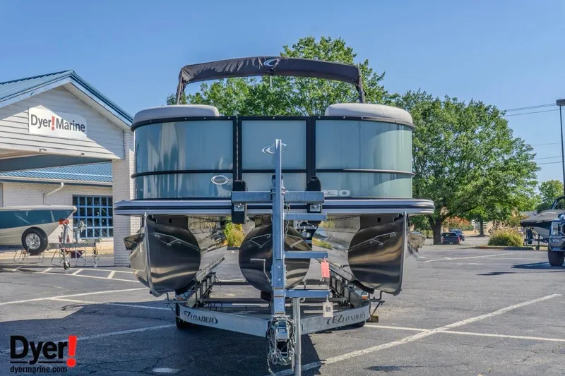 Slide: The Image of 2026 Crest Conquest 230 SLC pontoon boat on trailer at Dyer Marine dealership. - 9