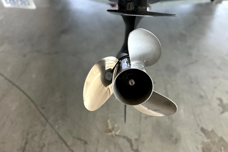 Slide: The Image of Close-up of a 2020 Boston Whaler 170 Montauk boat propeller. - 20