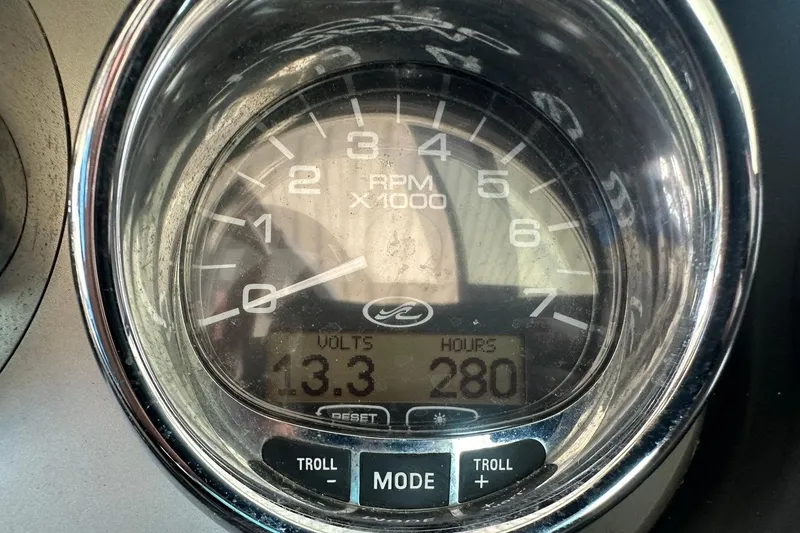Slide: The Image of Close-up of 2014 Sea Ray 350 Sundancer tachometer showing 280 hours and 13.3 volts. - 52