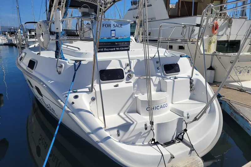 Slide: The Image of 2001 Hunter Passage 420 sailboat docked, for sale, with "Chicago" on the stern. - 14