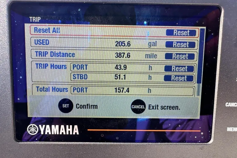 Slide: The Image of Yamaha display showing trip data: fuel used, distance, and hours for Release 240 RX 2019. - 7