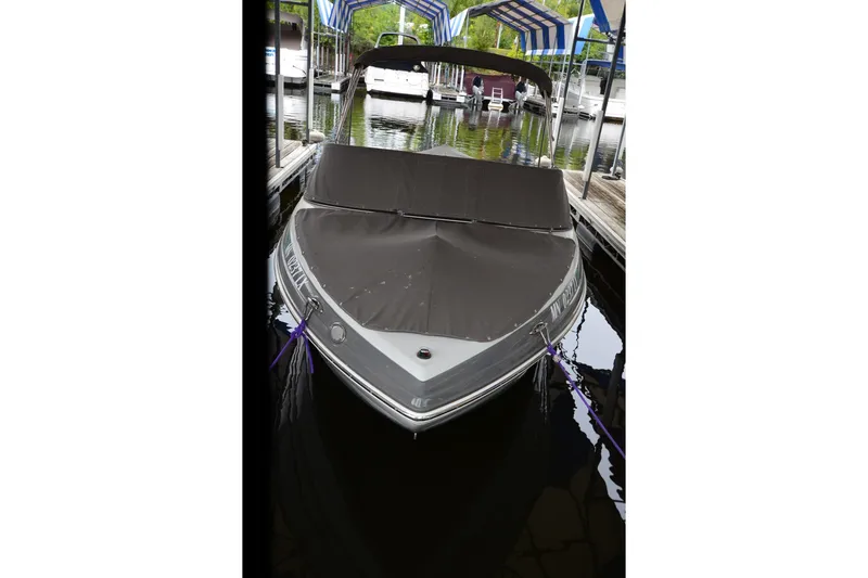 Slide: The Image of 2018 Crownline 205 SS boat docked with cover, under striped canopy. - 22