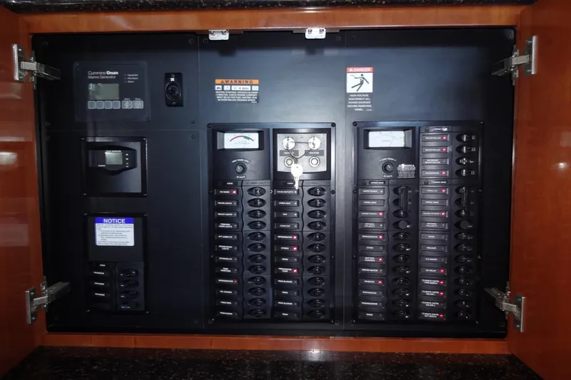 Slide: The Image of Distribution or Electrical control panel in a 2007 Meridian 459 yacht, featuring various switches and gauges. - 113