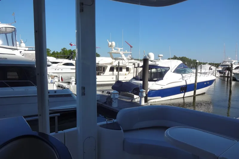 Slide: The Image of Marina view with various yachts, including a 2007 Meridian 459, under a clear blue sky. - 56