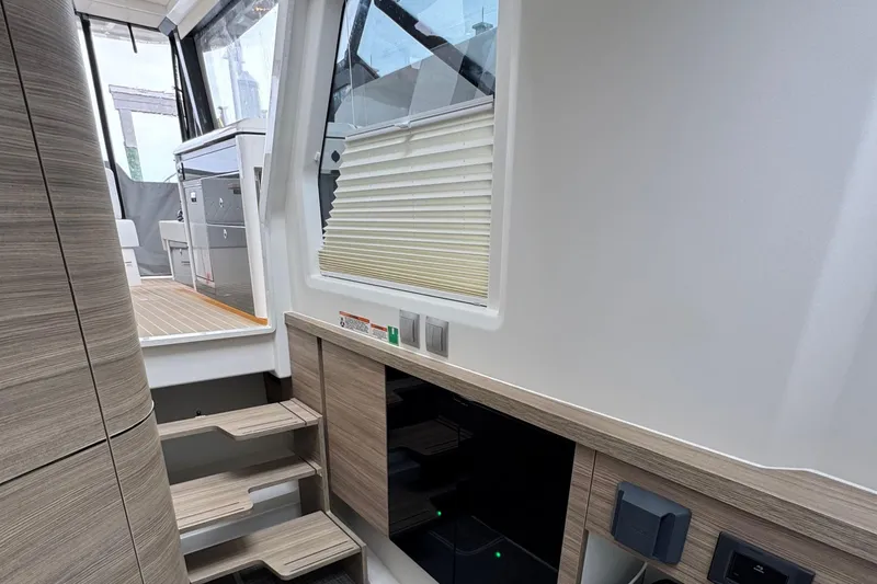 Slide: The Image of Interior cabin of 2025 Saxdor 400 GTO, featuring modern design and comfortable bedding. - 42