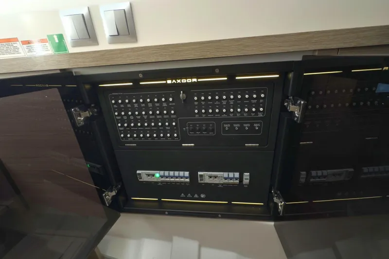 Slide: The Image of Interior of 2025 Saxdor 400 GTO yacht, featuring modern design and wooden finishes. - 44