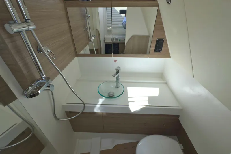 Slide: The Image of Interior cabin of 2025 Saxdor 400 GTO, featuring modern wood paneling and cozy bedding. - 48