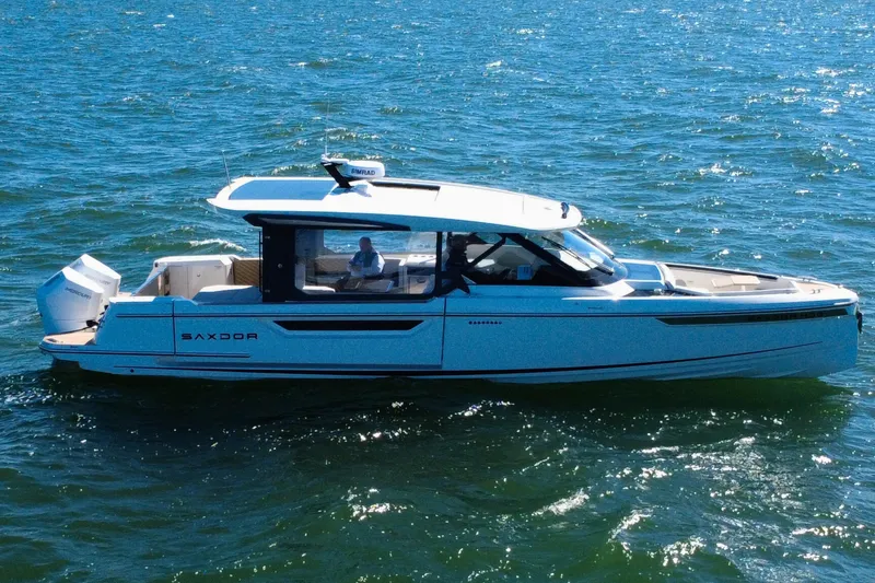 Slide: The Image of 2025 Saxdor 400 GTO boat cruising on open water, rear view. - 9