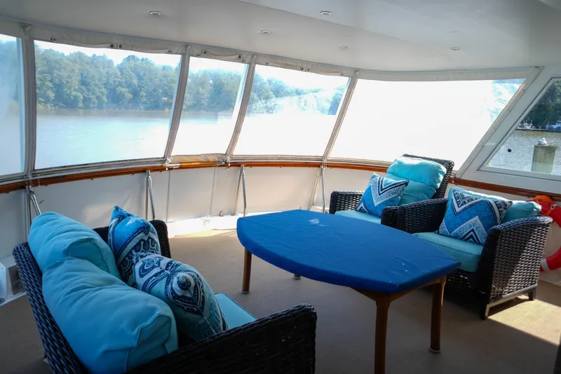 Slide: The Image of 1980 Hatteras 70 Motor Yacht deck with covered equipment and water view. - 20