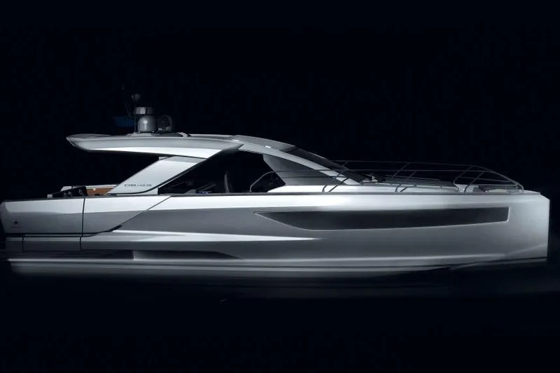 Slide: The Image of 2026 Jeanneau DB 43 yacht, sleek design, side view, dark background. - 2