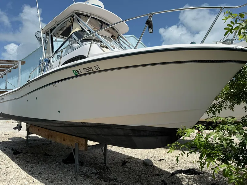 Slide: The Image of 2003 Grady-White Sailfish 282 boat with Yamaha engine, parked on a stand under a blue sky. - 5