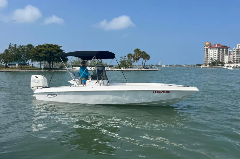 The Image of 2002 Spectre 22CC boat on water, with canopy, near shoreline and buildings. - 0