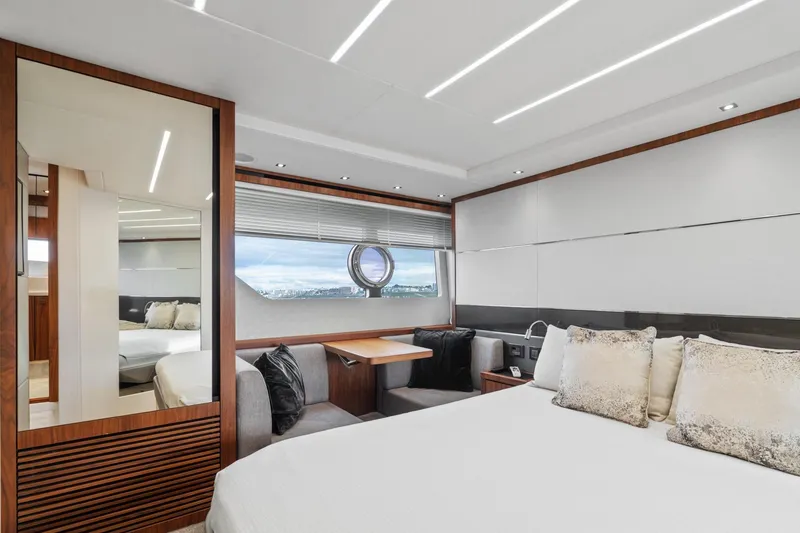 Slide: The Image of Luxurious interior of 2019 Sunseeker Predator 57 yacht with elegant bedroom design. - 45