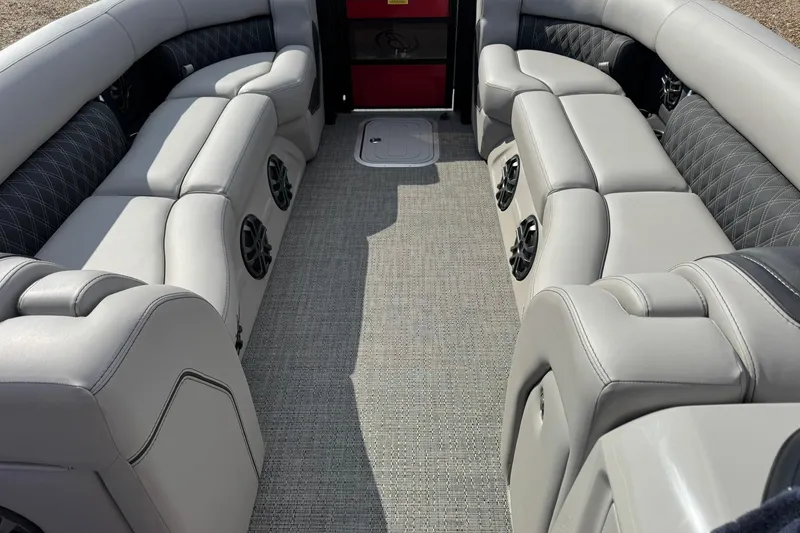 Slide: The Image of Luxurious interior of 2025 Barletta LUSSO 25UCAT pontoon boat with plush seating. - 23