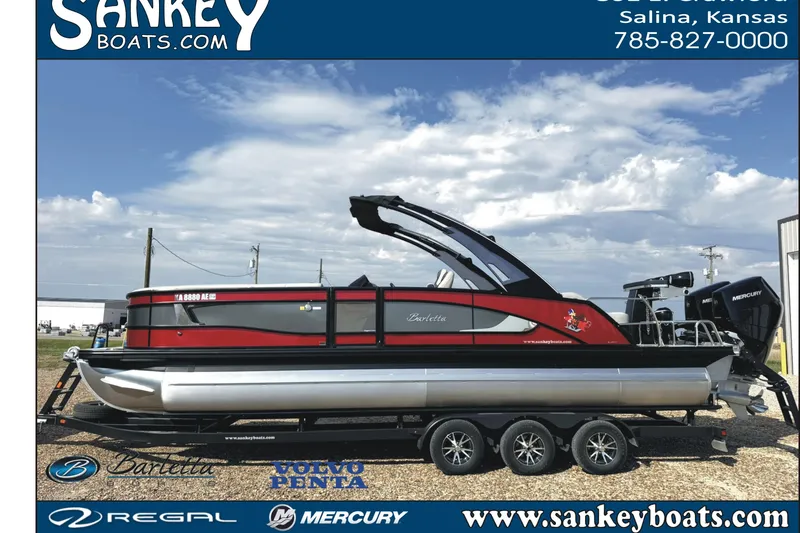 Slide: The Image of 2025 Barletta LUSSO 25UCAT boat with multiple outboard motors and cup holders. - 36