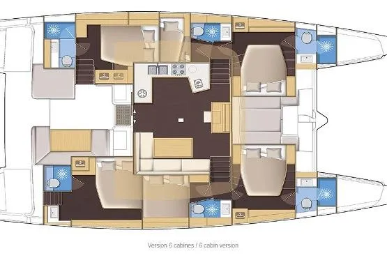 Slide: The Image of 2021 Lagoon 52 F yacht layout with six cabins and modern amenities. - 24