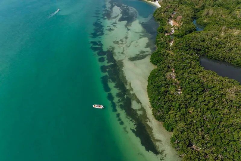 Slide: The Image of Aerial view of 2026 Bayliner Trophy T22SC boat on turquoise water near lush coastline. - 28