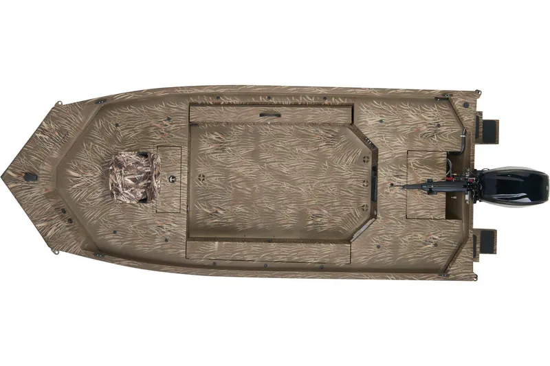 Slide: The Image of 2025 Tracker Grizzly 1654 T Sportsman boat with camo seat and deck, parked on pavement. - 3