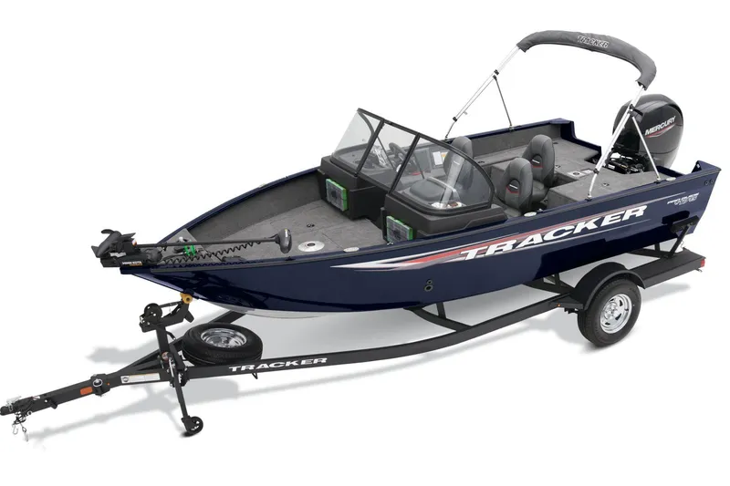Slide: The Image of 2026 Tracker Pro Guide V-175 Combo boat interior with four gray seats and motor. - 3