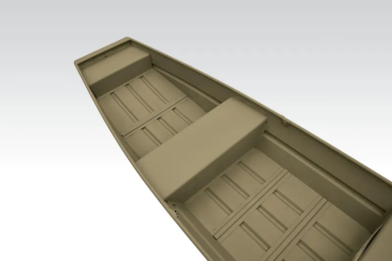 Slide: The Image of 2026 Tracker Grizzly 14 Jon boat on display, featuring durable handles and seating. - 3