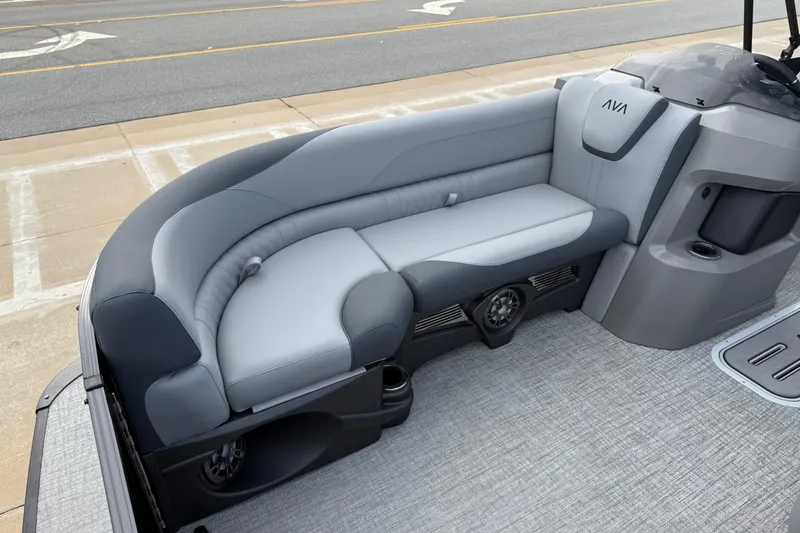 Slide: The Image of 2026 Avalon LSZ Rear Fish boat with sleek gray seating and modern design. - 13