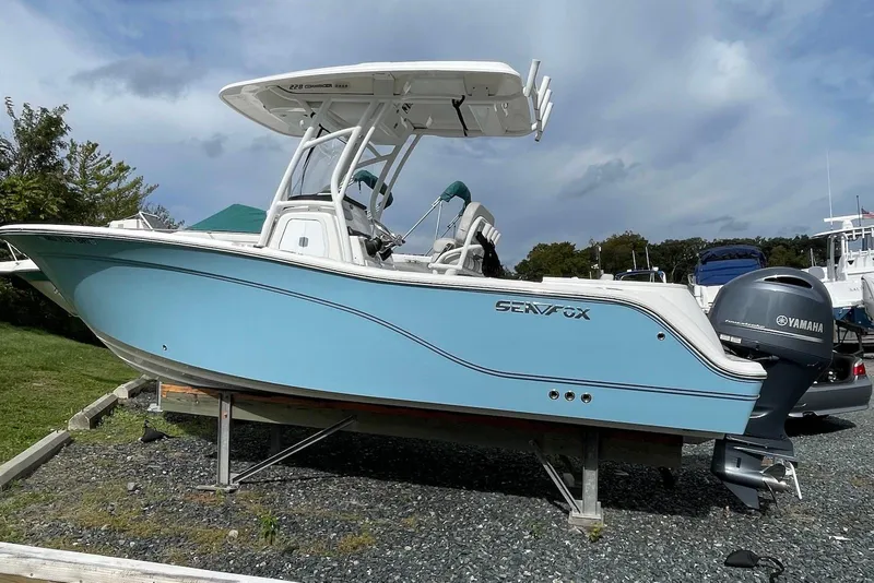 Slide: The Image of 2022 Sea Fox 228 Commander boat with Yamaha engine on display. - 2