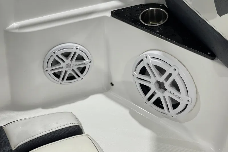 Slide: The Image of 2019 Blackfin 272 CC boat interior with JL Audio speakers and cup holder. - 44