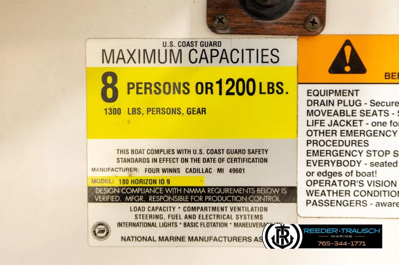 Slide: The Image of 1999 Four Winns 180 Horizon capacity label, 8 persons or 1200 lbs, safety compliance. - 44